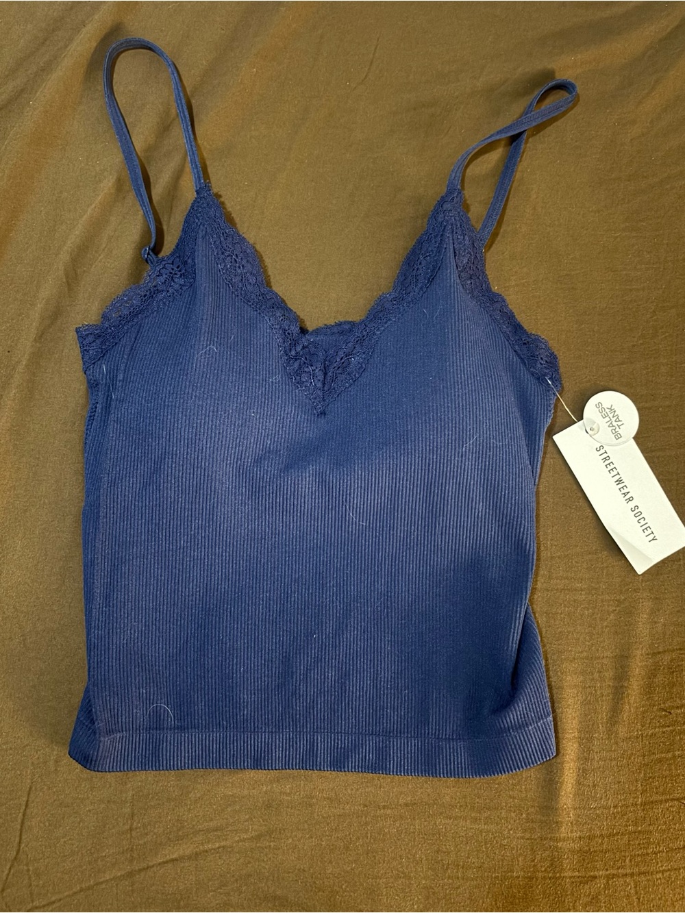 Streetwear Society Navy Ribbed Lace-Trim Cami